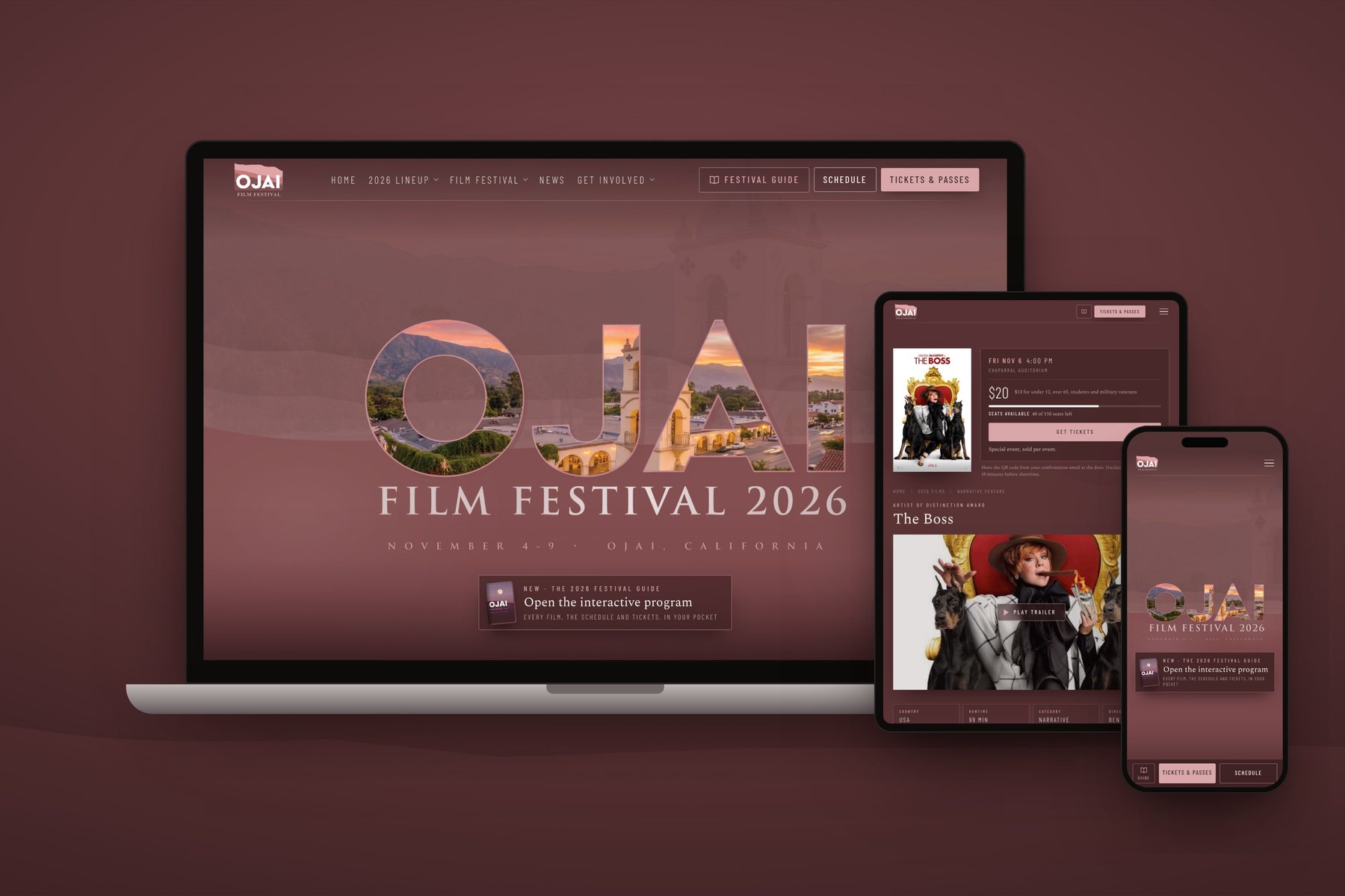 The festival site on a laptop, tablet and phone