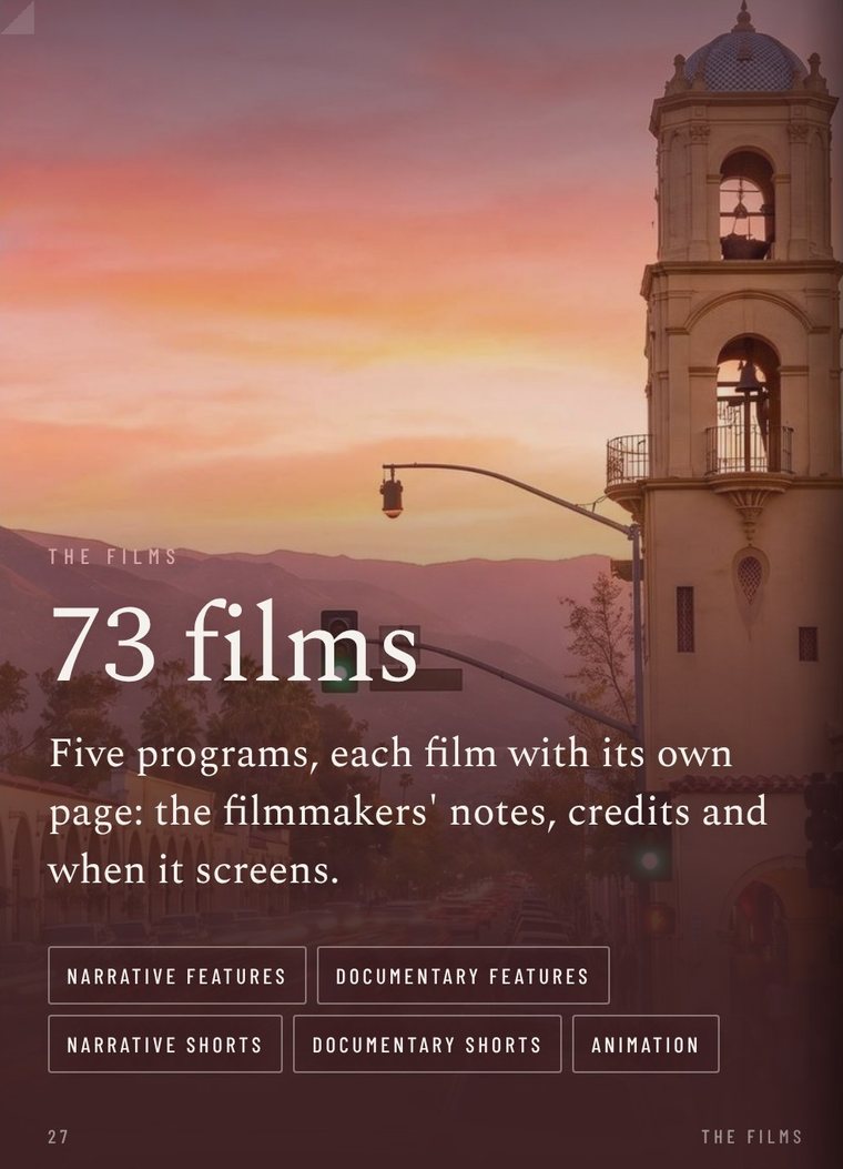 Guide page 27: The Films, 73 films across five programs