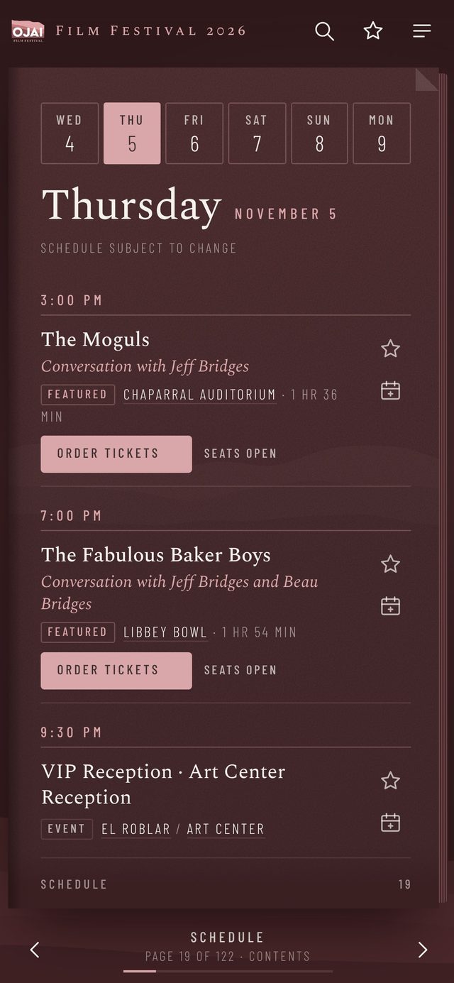 The Festival Guide on a phone, showing the Thursday schedule page with day tabs, screenings and order buttons